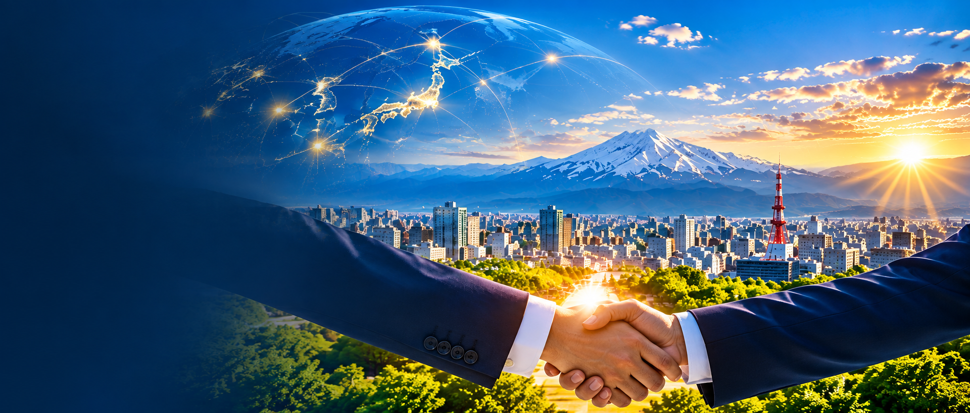 日本と海外をつなぐ協働を、都市・山並み・国際ネットワークと握手で表現した高精細な文字なしビジュアル